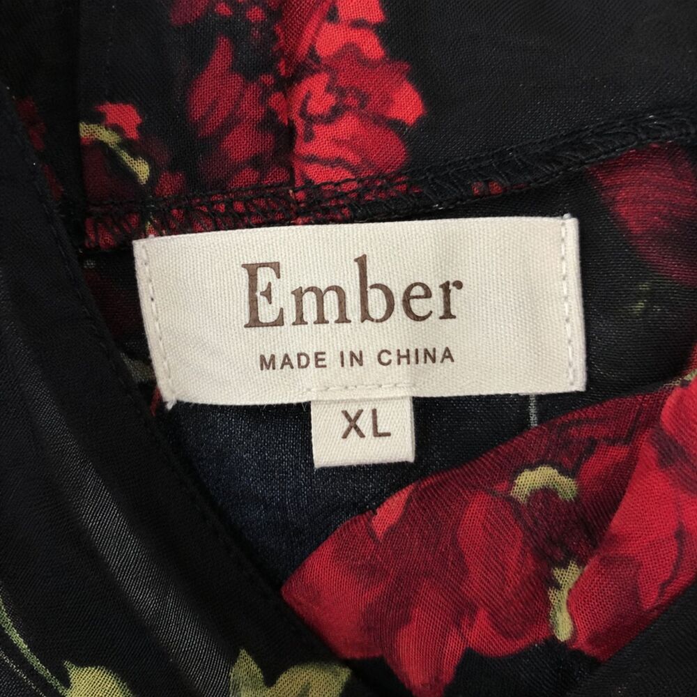 Ember Black Red Rose Floral Mock Neck Long Sleeve Midi Dress Size XL - Picture 3 of 3